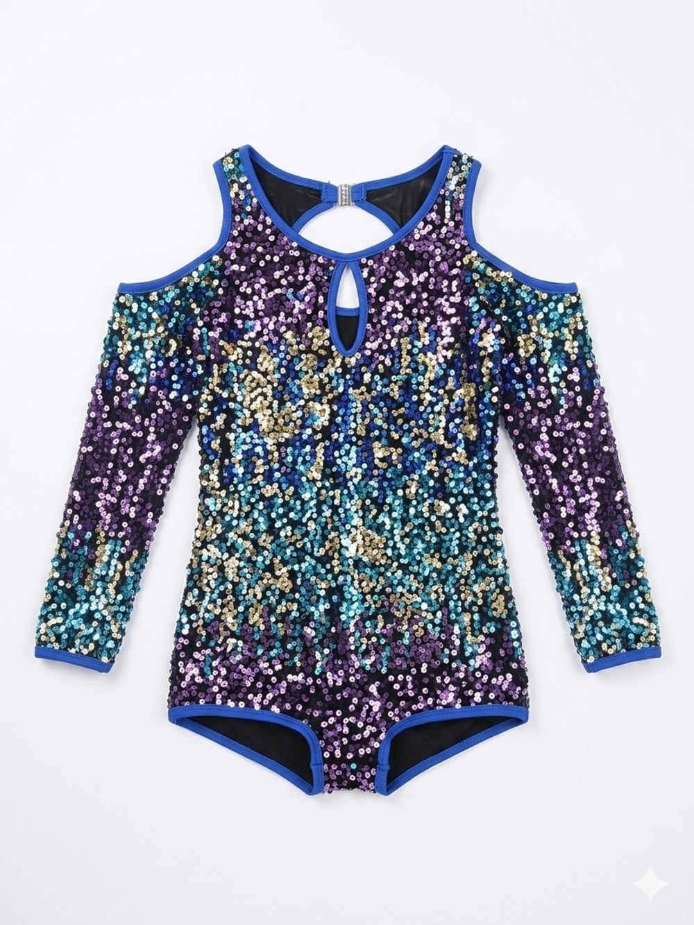 Girls' Sequin Cold-Shoulder Dance Leotard in Purple, Teal & Gold